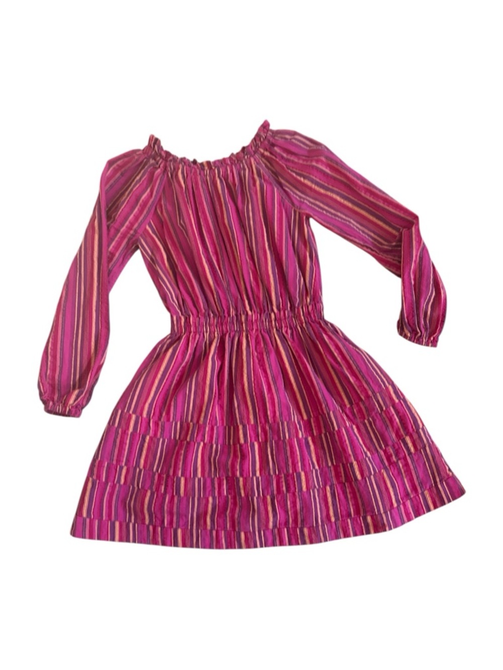 BURU Striped Off Shoulder Cotton Long Sleeve Mini Dress | Pink | Small